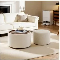 REDOM Sitzhocker Nesting-Hocker Set (runder Stauraum-Fußhocker mit Holzablage, kein Aufbau erforderlich, 1 St., 58 cm x 58 cm x 38 cm)