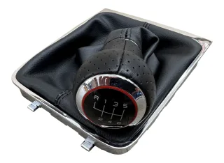 Lochleder Sport Schaltknauf Knauf + Schaltmanschette Schwarz Chrom mit roten Ring 6-Gang für VW Passat 3C B6