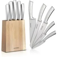 Arendo Messerblock 5-teilig mit Messern aus Edelstahl, Holzblock, ergonomische Griffe (6tlg), präzisionsgeschliffene Klingen, spülmaschinenfest, rostfrei