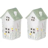 Levandeo® Windlicht, 2er Set Windlicht Häuser Grün Porzellan Teelichthalter Blume