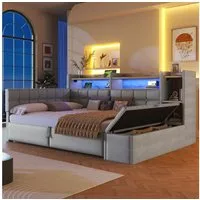 Merax Daybett mit LED Lichtleiste, USB, Typ-C & Bettkasten, Samt (Schlafsofa Sofabett Jugendbett Kinderbett Doppelbett, 1 tlg), Tagesbett 140x200cm mit hydraulischem Stauraum,Ablagefach,Stauraumbank