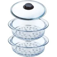 PYREX Dampfgarbehälter Dünsteinsatz Dampfgar-Set, Ø 20 cm, 2 Einsätze + Deckel, (Set 3-tlg), Borosilikatglas, mit Glasdeckel, hitzebeständig, stapelbar