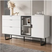 MODFU Sideboard Esszimmer-Schrank 160x78x36 cm mit LED (Packung, 1 St., Glastüren & 3 Schubladen, modernes Design), Stilvoller Aufbewahrungsschrank mit Beleuchtung