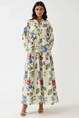 Blumen-Leinen-Optik Maxikleid mit Rundhalsausschnitt