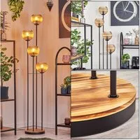 hofstein Stehlampe Stehlampe aus Metall/Holz/Riffelglas in Schwarz/Natur/Bernsteinfarben, ohne Leuchtmittel, Stehleuchte im Retro-Design m. Glasschirmen (15cm), Fußschalter, E14