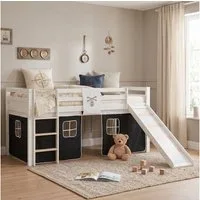 Homestyle4u Hochbett 90x200 cm Kinderbett Weiß mit Vorhang Kinder Treppe Leiter Kiefer Holz (Set, mit Lattenrost und Rutsche, Spielbett) Pirat, Junge Spielbett