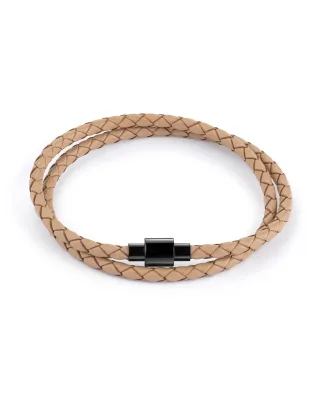Zeeme Stainless Steel Armband Edelstahl Leder taupe 2-reihig