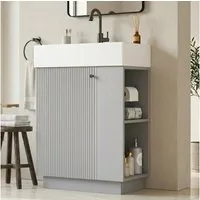 Flieks Waschtisch Waschbeckenunterschrank mit Keramikwaschbecken (55x32x87 cm, 1-St., bodenstehender Badschrank mit abnehmbarem Toilettenpapierhalter), Badmöbel-Set Badezimmerschrank mit verstellbarer Einlegeböden Grau
