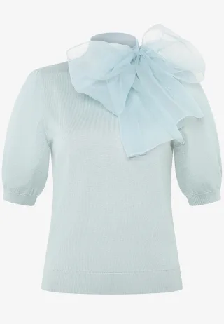 zero - Kurzarmpullover mit Schleife silver blue - Gr. - 34