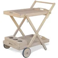 KHG Servierwagen aus Akazie-Massivholz in Teak-Optik Hellbraun auf Rollen, (Servierwagen 2 Ablagen inkl. Flaschenhalter, wetterfest 55x82x79 cm)