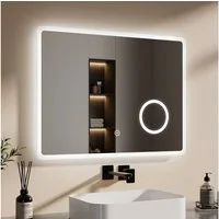 EMKE Badspiegel mit Beleuchtung LED Wandspiegel 3-fach Vergrößerung Kosmetikspiegel (Breit: 80~100cm, Touchschalter), 3 Lichtfarben Dimmbar Antibeschlag IP44