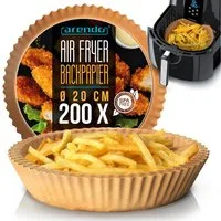 Arendo Backpapier rund für Heißluftfritteuse 4,7 - 7,5 L, 200 St., 20 x 4,5 cm, Antihaft, ungebleicht, wasser & ölbeständig, Airfryer Zubehör, Ofen, Mikrowelle