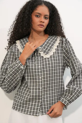 Damen Karo Viskose Popeline Shirt