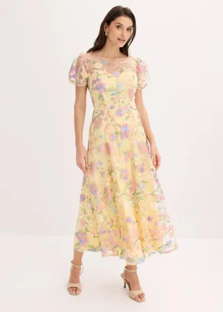 bonprix Spitzenkleid mit floraler Stickerei, gelb, Gr.40, Traumhaftes Midikleid mit ausgestelltem Rock und floraler Stickerei