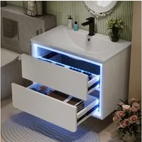 Flieks Waschtisch mit LED-Radarsensor Waschbeckenunterschrank inkl. Waschbecken (B76/T46/H48,5 cm, 1-St., wandhängend, Badschrank mit Led-Beleuchtung Waschplatz Badzimmer), Badezimmerschrank mit 2 Schubladen Badmöbel-Set Volllackierung Weiß