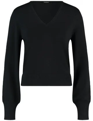 TAIFUN - Basic Pullover mit V-Ausschnitt schwarz - Gr. - 34