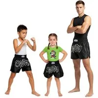 BAY-Sports Sporthose Thaiboxhose REMY Muay Thai Hose Shorts Thaiboxen MMA kurz Kickboxen kurze, leichte, locker sitzende Trainingshose, Schwarz/Weiß