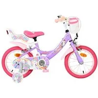 Volare Kinderfahrrad Unicorn 14 Zoll Mädchen - Lila Einhorn-Design mit Regenbogenmotiven, Abnehmbare Stützräder,5–52,5 cm), Reflektoren vorne,5–5 Jahre