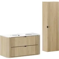 Lomadox Badmöbel-Set OLIVA-56, (Spar-Set, 2-St., Waschtisch Keramik Waschbecken Hochschrank), Eiche gerillt Keramik Waschbecken Metallgriffe modern Softclose