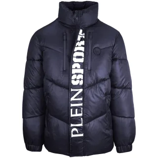 Plein Sport Bold Vertical Logo Glanzend gepolsterte marineblaue Jacke