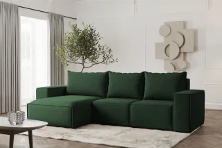 Ecksofa Designersofa ESTELLE in Stoff Opera Velvet Dunkelgrün Ottomane Links