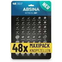 ABSINA 48er Pack Knopfzellen AG1 AG3 AG4 AG10 AG13 CR2016 CR2025 CR2032 Knopfzelle, (2 St)