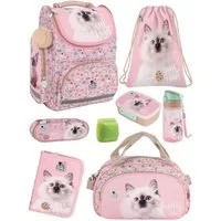 Familando Schulranzen Sweet Kitty Katze Schultasche, rosa, für Mädchen 1. bis 4. Klasse (Set, 8-tlg., inkl. Federmappe, Lunch-Set und Sporttasche), ergonomisch, 1.010 Gramm leicht, 18L Volumen