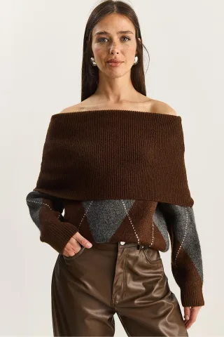 Madonna-Kragen Strickpullover mit Baklava-Muster