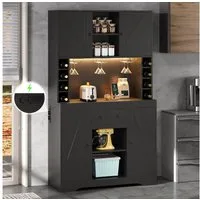 Flieks Küchenbuffet mit Steckdosen, LED-Beleuchtung, Weinregal und Gläserhalter (1-St., B105/T39/H180 cm) Hochschrank Küchenschrank mit verstellbaren Einlegeböden Schwarz
