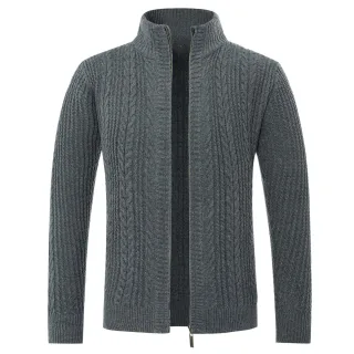 Herren Strickjacke mit Reißverschluss Cardigan Grobstrick mit Stehkragen Grau