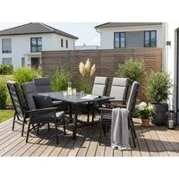 KONIFERA Garten-Essgruppe Edessa Komfort, (Set, 13-tlg., 6x Stuhl mit Rückenverstellung, 1x Tisch 180x97x74 cm, inkl. Auflagen), Tischplatte aus Alu-Lamellen,Armlehne mit Seilgeflecht&Noonwood-Latten
