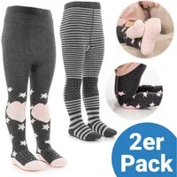 LaLoona Strumpfhose Sterne Rosa + Streifen Grau 2x Baby Krabbelstrumpfhose mit ABS Sohle elastische Kinder Strumpfhose
