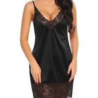 Lovolotti Negligé Damen Negligee Nachthemd aus Satin mit Spitze Sexy Nachtwäsche mit V-Ausschnitt und verstellbaren Trägern