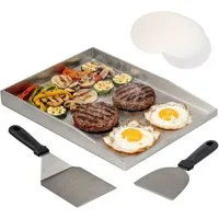 eluno Grillplatte Plancha-Set aus Edelstahl (4-St., 1x Plancha-Platte, 1x Grillwender, 1x Grillspachtel, 20x Burger-Papier), zwei Ablauflöcher in der Plancha-Platte