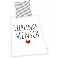 Herding Wendebettwäsche 135x200cm Lieblingsmensch Schriftzug, Renforcé, 2 teilig, Schwarz Weiß gestreift mit rotem Herz, Reißverschluss