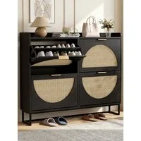 FiveWillowise Schuhschrank Schuhschrank Schmal, Schuhkipper mit Verstellbar, Holz Schuhregal mit 4 Klappen, 120x24x95.5 cm, Schwarz