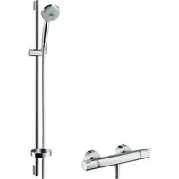 hansgrohe Duschsystem Croma 100, Höhe 95.8 cm, 3 Strahlart(en), 100 Multi m. Ecostat Comfort Thermostat u. Brausestange 900 mm - Chrom