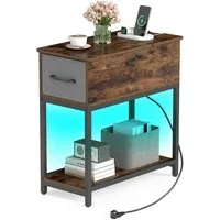 COSTWAY Beistelltisch, mit LED und Ladestation, Nachttisch schmal mit Schublade