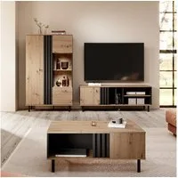 Lomadox Wohnzimmer-Set MATTAWA-167, (Mega-Spar-Set, 3-St., Couchtisch Highboard Lowboard), Wohnwand, Eiche Dekor mit Couchtisch und Beleuchtung