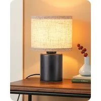 EDISHINE Nachttischlampe mit Massivholzsockel & Leinen-Lampenschirm, LED wechselbar, Warmweiß, Höhe 30 cm, inkl. 4W LED-Leuchtmittel