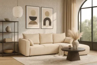 Ecksofa mit Schlaffunktion RUDEN Sofa in Stoff Raven Creme Ottomane Rechts