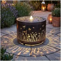 Arnusa Gartenbrunnen Metall Springbrunnen Lichtspiel rund Wasserspiel warmweiß, 45 cm Breite, Gartendekoration, tolles Lichtspiel