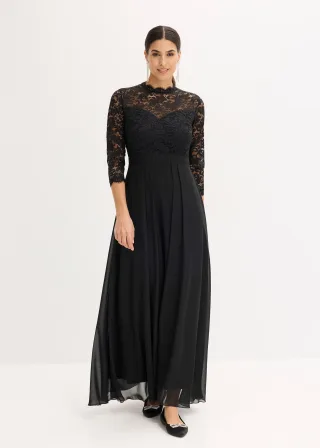 bonprix Maxikleid mit Spitze, schwarz, Gr.44, Bezauberndes Abendkleid mit Spitze im Oberteil und einem Rock aus strukturiertem Crepe sowie einem überlappendem Rock aus feinem Chiffon.