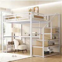 Flieks Hochbett Metallbett 140x200cm mit Stauraumtreppe, Regale und Schreibtisch