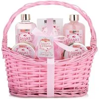 BRUBAKER Pflege-Geschenkset Badeset Danke Mama, Geschenk Set für Muttertag und Geburtstag, 7-tlg., Muttertagsgeschenk in Korb, Mutter Pflegeset mit Rosen Vanille Duft