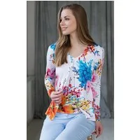 Passioni Strickjacke Twinset in Weiß, mit floralem All-Over Print und V-Ausschnitt (Strickjacke und Kurzarmshirt)