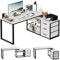 HOMALL Schreibtisch L-förmiger Eckschreibtisch mit USB-Anschluss und zwei Steckdosen. (Abmessungen: 140 x 105 x 75 cm, L-förmiger Schreibtisch Gamingtisch, umwandelbar in einen I-förmigen Schreibtisch, mit 3 Schubladen und 2 Fächern)