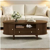 Merax Couchtisch Ovale Beistelltisch in Walnussfarbe (Modernes Design für Wohnzimmer/Arbeitszimmer, 1-St), Wohnzimmertisch mit Schublade, Rolltüren & 4 Stützbeine, 100x50x36cm