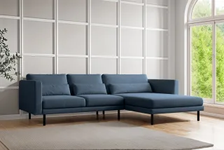 Ecksofa Designersofa AGADA in Stoff Verita Marineblau Ottomane Rechts