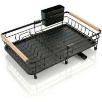 Arendo Geschirrständer Abtropfgestell Geschirr, Geschirrtrockner mit Auffangschale, Metall, Zubehör für Küche, Spüle, Waschbecken, Holzgriffe, Ablauf, ausziehbar, Besteckhalter, Utensilienhalter
